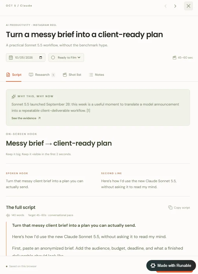 Single idea view showing why this topic matters now, the on-screen hook, spoken hook, second line, and the full script