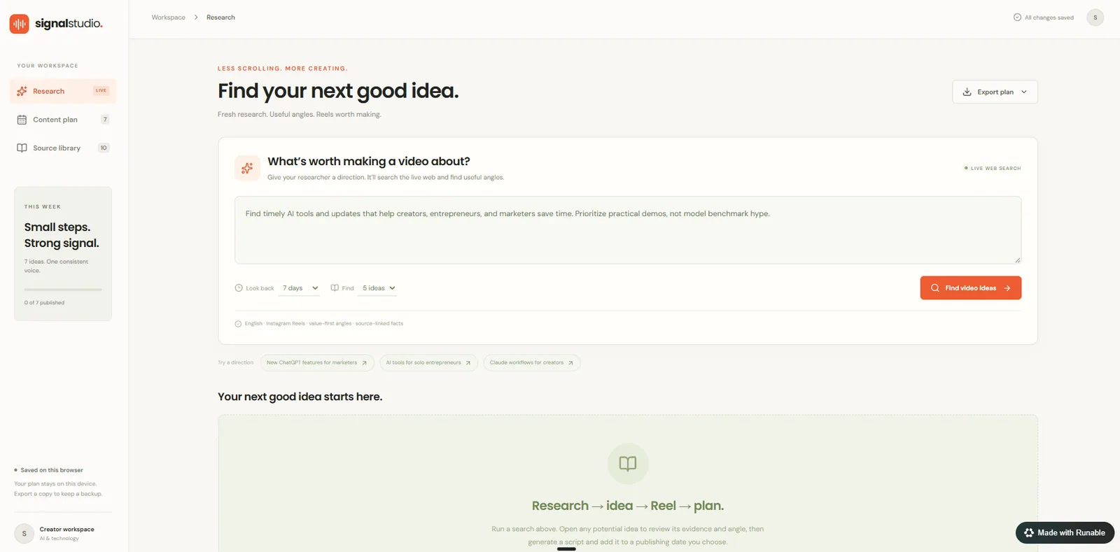 Research screen of the content dashboard with a search box that finds timely video ideas from the live web