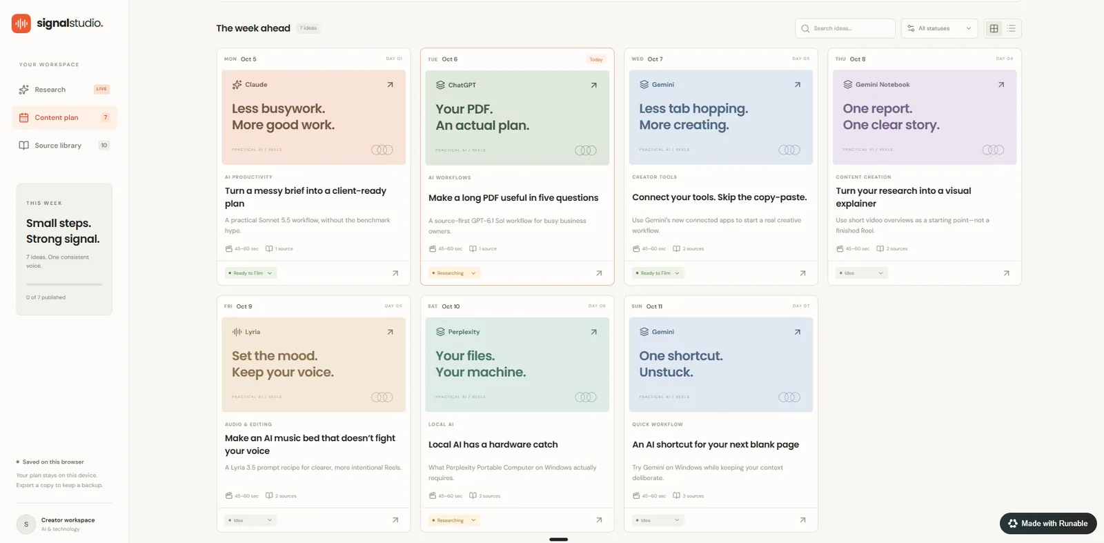 Weekly overview of a 7-day content dashboard with a card for each day, a topic, a research source count, and a status